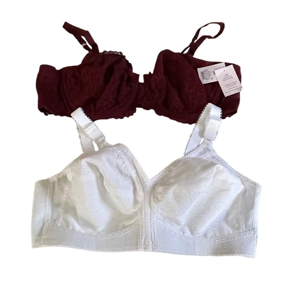 Auden & Playtex Bra Bundle 42C Burgundy Lace Balconette White 18 Hour Wireless